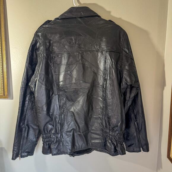 🏍️ Vintage FLIGHT PATH Black Patchwork Leather Biker Jacket 🏍️ - Picture 3 of 13